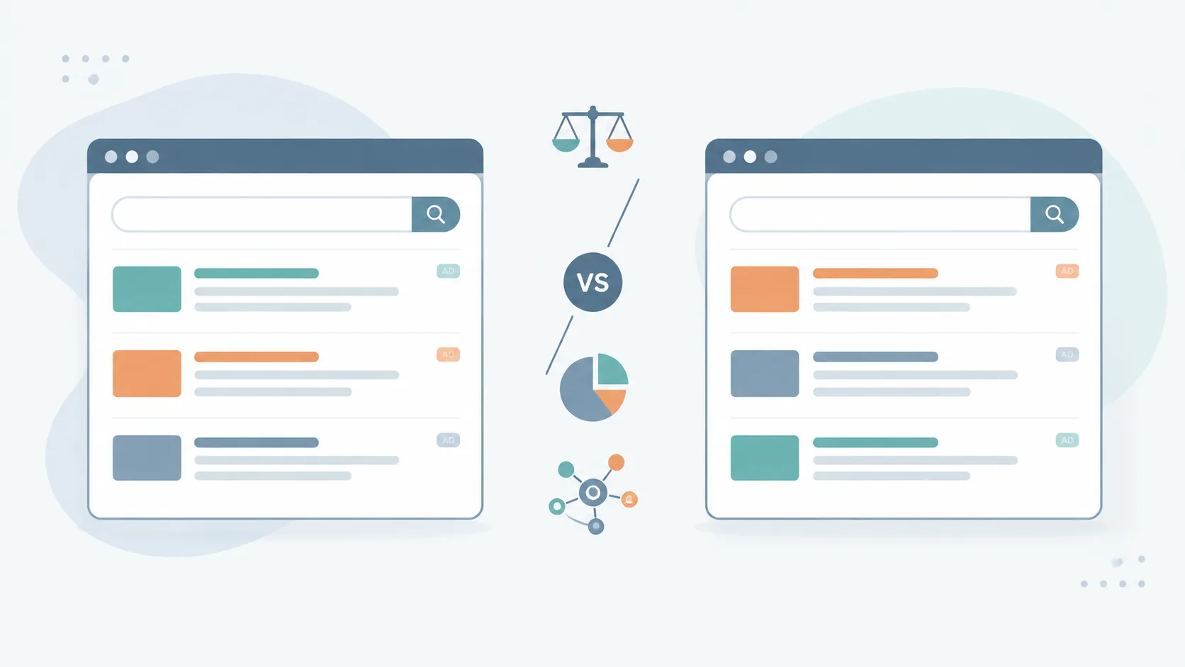 Two search result screens comparing the Microsoft Advertising and Google Ads platforms