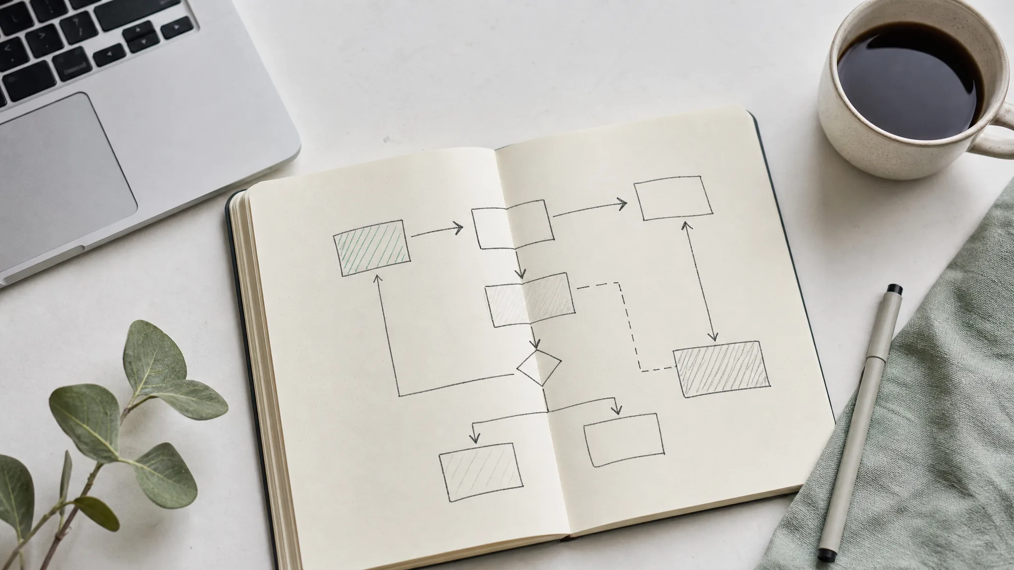 Notebook diagram of an AI-assisted SEO workflow